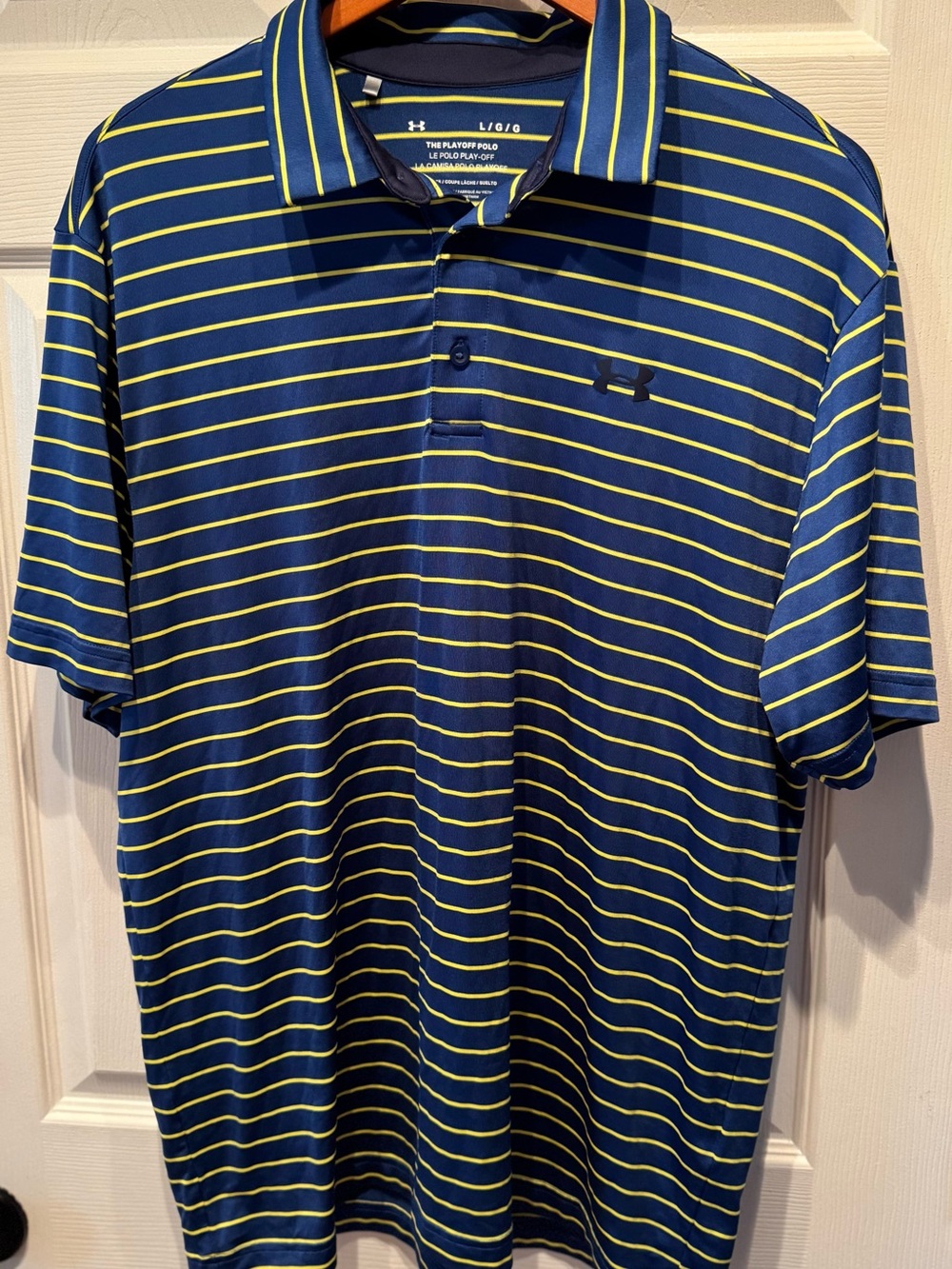 Mens Under Armour playoff polo Navy & Yellow Stripe Loose Performance Polo Large